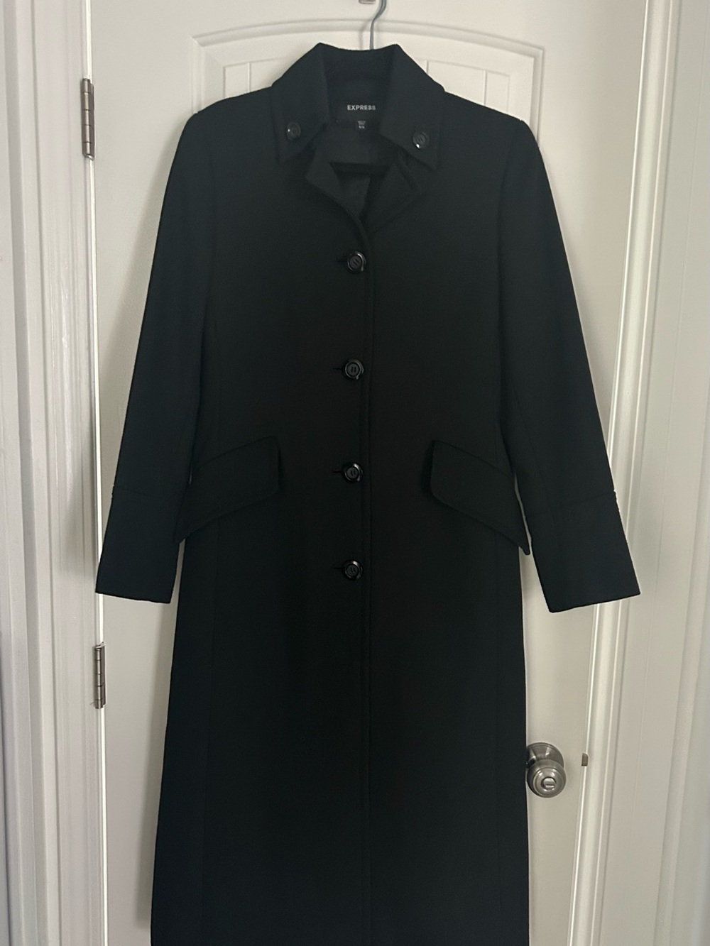 Express Vintage Black Long Single-Breasted Wool Blend Coat Sz Small 5/6
